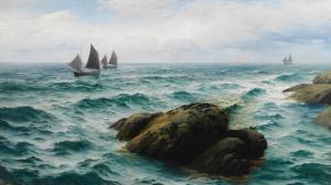 JAMES David 1853-1904,Fishing boats off a rocky coastline bears,Bonhams GB 2024-04-24