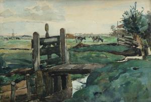 JAN STEENHOF Willem 1863-1932,Polderlandschap met sluisje en koeien in de weide,Bernaerts 2011-06-23