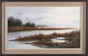 Jan Wessels,Wildlife and nature painter. Polder view with flyi,Twents Veilinghuis NL 2021-04-08