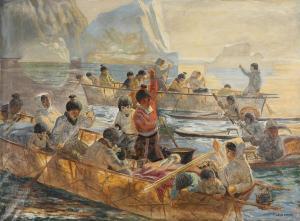 JANSSEN Luplau 1869-1927,A Greenlandic fiord with umiaks and kayaks,1925,Bruun Rasmussen 2024-01-29