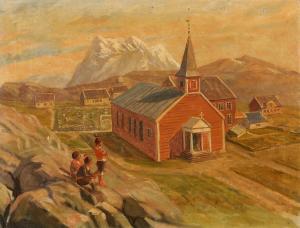 JANSSEN Luplau 1869-1927,Scenery from Greenland with Inuits at the church,Bruun Rasmussen 2024-03-18