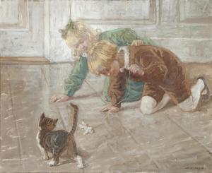 JANSSEN Luplau,Two children tempting a kitten with a ball of yarn,Bruun Rasmussen 2023-08-13