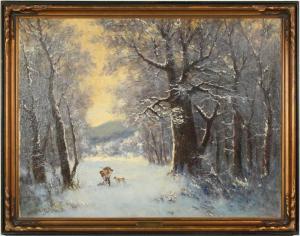 JANSSON Alfred 1863-1931,hunter with dog in snowy landscape,O'Gallerie US 2024-01-23