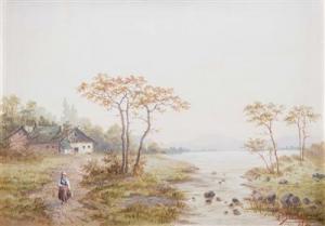 JAROš František 1846-1929,Weite Flusslandschaft mit Gehöft und Bäuerin,Palais Dorotheum 2017-04-11