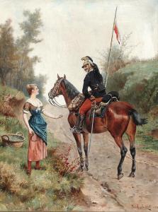 JAZET Paul Léon 1848-1918,A soldier greeting a farmer's girl,1895,Bruun Rasmussen DK 2023-09-04