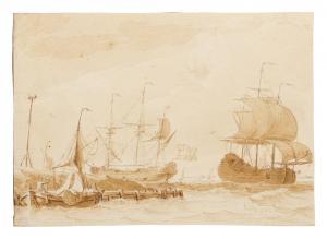 JELGERSMA Tako Hajo,Ships by a harbour (possibly after Ludolf Bakhuyse,Sotheby's 2023-01-25