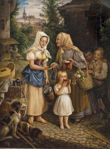 JELUSSIG O,Kaufszene mit Kindern und Hunden dahinter Nepomuk-,1854,Palais Dorotheum 2019-04-17