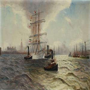 JENSEN Alfred,View of Hamburg harbour with a sailing boat and tu,Bruun Rasmussen 2013-02-18