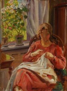 JENSEN Gabriel Oluf 1862-1930,A woman sewing by the light from the window,Bruun Rasmussen 2021-10-04