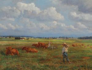 JENSEN Gabriel Oluf 1862-1930,Landscape with a farmers boy and cows,1912,Bruun Rasmussen 2023-03-27
