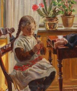 JENSEN Gabriel Oluf,The artist's daughter Ellen knitting, 7 years old,Bruun Rasmussen 2022-03-14