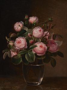 JENSEN Johan Laurentz,Still life with pink roses in a glass vase,1842,Bruun Rasmussen 2023-12-06