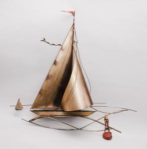 JERE Curtis 1910-2008,Brass sculpture of two sailboats, a buoy and a flo,1977,Eldred's US 2018-11-16