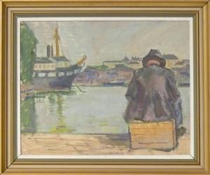JERNMARK Sigge 1887-1982,Hamnmotiv med sittande man i förgrunden.,Auktionskompaniet SE 2007-12-16