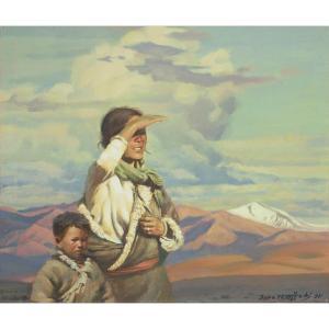 JING Yu 1963,MÈRE ET SON ENFANT REGARDANT VERS L'HORIZON,1991,Tajan FR 2017-12-11