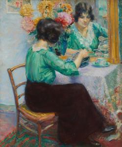 JOëTS Jules 1884-1959,Woman pouring tea at a table with mirror,John Moran Auctioneers US 2023-04-25