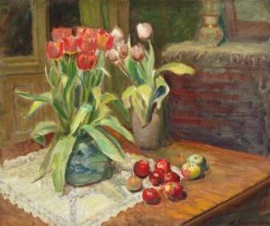 JOHANNESSEN Alfred 1908-1998,Still life with tulips and apples on a table,Bruun Rasmussen 2018-01-16