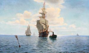 JOHANSEN Axel 1872-1938,Seascape with countless ships under a blue sky,Bruun Rasmussen DK 2023-02-20