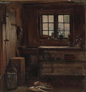 JOHANSEN Viggo,Køkkenet i Møllers gamle Hus i Skagen. Paa Gulvet ,1875,Bruun Rasmussen 2025-05-12