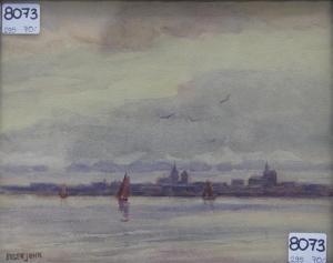 JOHN Eugen 1863-1920,Ansicht von Strahlsund, im Vordergrund Seegelboote,Georg Rehm DE 2021-03-04