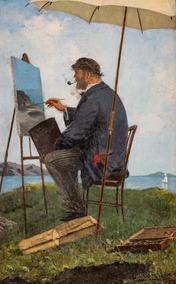 JOHNSEN Hjalmar 1852-1901,Frits Thaulow ved staffeliet, Kragerø,1882,Christiania NO 2022-11-01