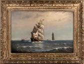 JOHNSON Marshall 1850-1921,Ship sailing past a lighthouse,Eldred's US 2022-08-05