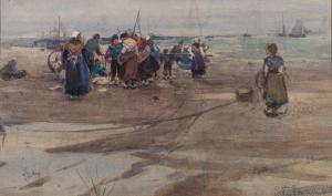 JOHNSON Patty 1847-1907,Dutch Fisherfolk, low tide,Bearnes Hampton & Littlewood GB 2023-01-17