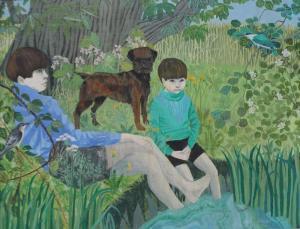 JOHNSON Shirley Anne 1900-1900,Boys and dog by pool,Cuttlestones GB 2017-03-02