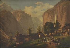 JOLY Alexis, Alexandre V 1798-1874,Blick auf Alpendorf in einer Schlucht mit Baue,Reiner Dannenberg 2011-03-25