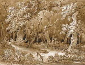 JOLY Alexis, Alexandre V 1798-1874,Une forêt avec un cerf s'abreuvant dans un ruiss,1824,Christie's 2005-12-16