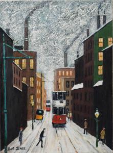 JONES BOB 1937,OIL PAINTING ON BOARD Northern Street Scene with Trams,Capes Dunn GB 2023-01-24