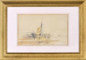 JONES Calvert Richard 1804-1877,fishing boats beside a wooden pier,Gardiner Houlgate GB 2021-07-01
