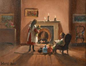 JONES Deborah 1921-2012,children with dolls and a cat by the fireside,John Nicholson GB 2024-01-24