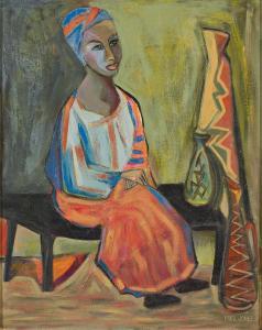JONES JR. Frederick D. 1914-2004,Seated Woman in African Dress with Sculptur,c.1970,Swann Galleries 2023-10-19