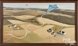 JONES Russell 1910,birds-eye farm view, with boys flying a kite,Pook & Pook US 2021-06-25