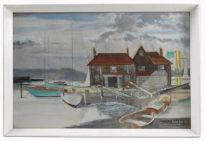 JONES Trevor 1945,boats in a harbour with a mill and lock gates,1978,Serrell Philip GB 2019-01-10