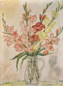 JORDAN Jakob 1886-1947,Gladiolen in Glaskrug in Rot und Gelb blühende Gla,1907,Mehlis DE 2017-08-24