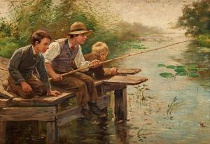 JOS Julien 1800-1900,Trois enfants à la partie de pêche au bord de la rivière,Horta BE 2021-03-22