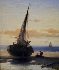 JOSEPHUS MADLENER Antonius 1827-1890,Vissers bij bomschuit op het strand,Venduehuis NL 2021-07-04