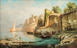 JULIEN Gustave Marius 1825-1881,Bord de mer, paysage méditerranéen,Piguet CH 2018-09-26
