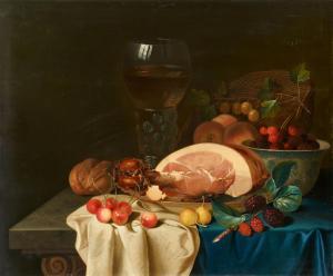 JUNCKER Justus 1703-1767,Still Life with Ham, Fruit, Wine and Bread on a St,1764,Lempertz 2021-06-05