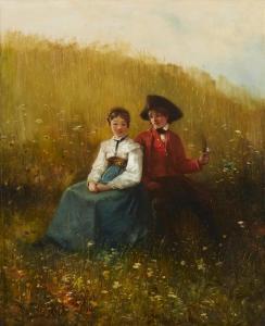 JUNDT Gustave Adolphe,La Bouderie, couple in a flower field,1880,John Moran Auctioneers 2020-09-23