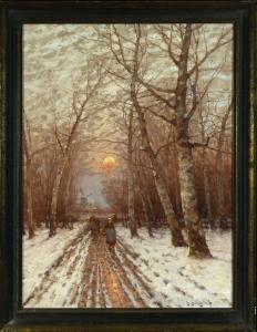 JUNGBLUT Johann 1860-1912,Winterlicher Waldweg mit Bäuerinnen bei Sonnenunte,Allgauer DE 2023-01-13