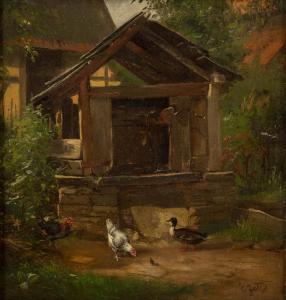 JUTZ Jnr. Carl 1873-1915,Fowl in front of a well in a court,Hargesheimer Kunstauktionen 2019-03-16