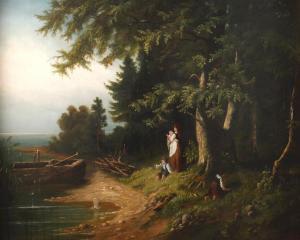 KÖCKERT Julius 1827-1918,Mutter mit ihren Kindern am See bewaldetes Ufer,1880,Mehlis DE 2021-08-26