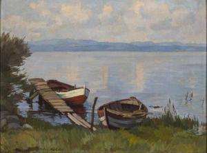 KÖHLER August 1881-1964,Bodenseeufer am Obersee mit zwei angelegten Ruderbooten,Zeller DE 2019-09-11