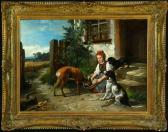 KöRNER Friedrich Alexander,Mädchen mit Hunden vor dem Hauseingang beim Fütter,Allgauer 2021-07-23