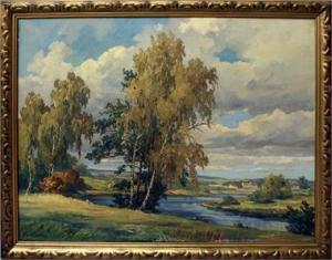 KÜCHLER Fritz 1873,Sommerlandschaft mit Birken an Flusslauf,Reiner Dannenberg DE 2019-09-12