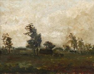 KAEMMERER Johan Hendrik,Flache Landschaft Blick in eine Ebene mit Baumgrup,1960,Mehlis 2021-08-26