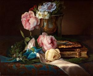 KAERGLING PACHER Henriette,Still life with roses, engagement ring and a silve,Bukowskis 2012-06-12